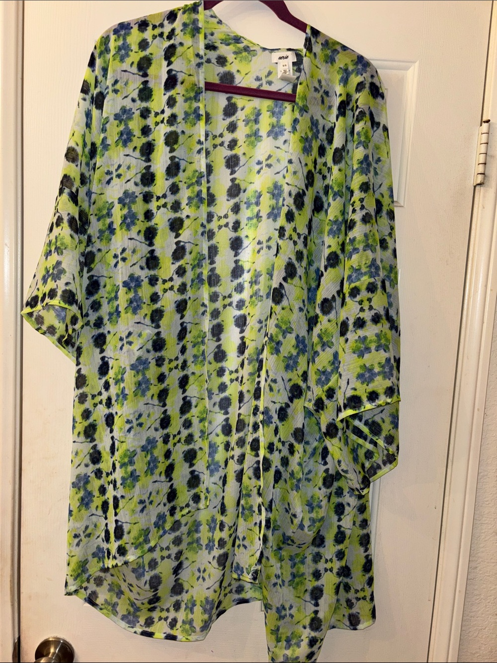 Aerie Sheer Floral Kimono in Lime + Navy OS EUC